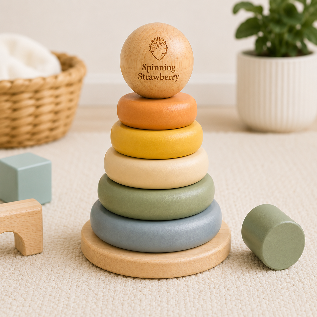 Spinning Strawberry Wooden Stacking Rings Toy