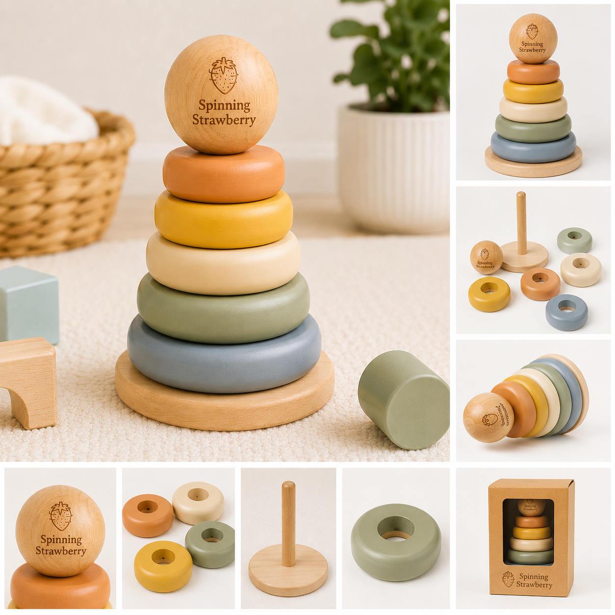 Spinning Strawberry Wooden Stacking Rings Toy